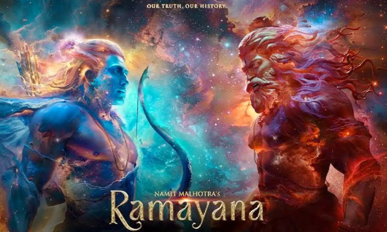 A cinematic poster for Namit Malhotra's "Ramayana" featuring a celestial face-off between Lord Rama, glowing in ethereal blue with a bow, and Ravana, depicted in fiery red and orange tones, set against a cosmic nebula background.